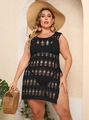 Close-up of black crochet knit texture on a sleeveless plus size beach cover-up dress - 1XL / Tops / Black