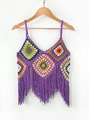Detail eines farbenfrohen Häkeloberteils im Boho-Stil mit lila Fransen am Saum - Einheitsgröße / Lila
