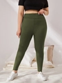 Detail of high waisted plus size olive green leggings with elastic waistband fit - Army Green