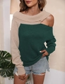 Dettaglio del maglione in maglia con spalle scoperte, blocchi di colore e trama a coste - S / Verde Scuro