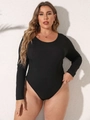 Primer plano de un body negro de canalé con manga larga y cuello redondo para mujer - 0XL / Top Y Pantalón / Negro