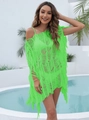 Detail of neon green crochet beach cover-up with hollow knit texture and long fringe tassels - One Size / Green