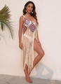 Detail of bohemian crochet beach coverup with colorful geometric patterns and long tassels - One Size / Apricot