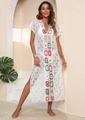 Detailed texture of white lace beach cover-up with colorful handmade crochet flower band - One Size / Top And Bottom (Random Crochet Colors) / White