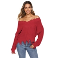 Women's V-neck red knit sweater with distressed edges and irregular fringe hem detail - Red