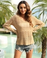 Maglione kaki all'uncinetto con scollo a V, motivo traforato e orlo a smerlo da donna - Taglia unica / Cachi