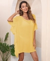Detalle de vestido playero suelto en gasa amarilla con ribetes de volantes decorativos - Talla única / Tops / Amarillo