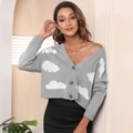 Detail of grey V-neck cardigan featuring white cloud jacquard and ribbed cuffs - Gray