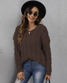 Detailed cable knit texture on deep brown V-neck hooded sweater for women - Brown