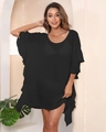 Εμπρόσθια όψη μαύρου oversize καφτάνι παραλίας με μανίκια βολάν και ανάγλυφο ύφασμα - Ένα μέγεθος / Μαύρο