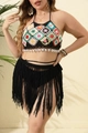 Zweiteiliges Boho-Häkelset für den Strand mit Blumen-Neckholder und schwarzem Fransenerock - Schwarz