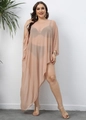 Detail of sheer nude mesh beach dress featuring batwing sleeves and asymmetrical hem - 1XL / Nude