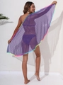 Detail of purple mesh beach sarong featuring colorful pom-pom fringe and bohemian texture - One Size / Bottoms / Purple