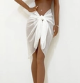 Detail of white sheer chiffon beach wrap skirt featuring a waist-tie knot design - One Size / White