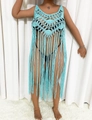 Light blue crochet macrame beach cover-up featuring fringe hem and geometric knit - One Size / Blue