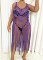 Detail of purple crochet beach cover-up featuring geometric hollow patterns and long fringe - One Size / Purple