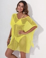 Robe de plage sexy en maille crochet jaune avec pompons pour les vacances des femmes - Taille unique / Jaune