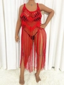Close-up of red crochet beach cover-up featuring hollow-out patterns and long fringe tassels - One Size / Red