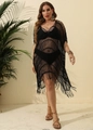 Detail of black crochet beach cover-up dress featuring hollow out design and long tassels - Black