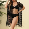 Schwarzer Damen Häkel-Strand-Cardigan mit langen Fransen und Halter-Bikini Set - Einheitsgröße / Schwarz