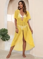 Close-up of yellow crochet lace beach cover up showing intricate knit texture and long fit - Yellow