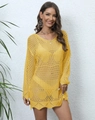 Bright yellow crochet knit beach cover-up dress with V-neck and floral pattern details - Yellow