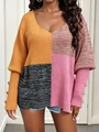 Damen Strickpullover mit V-Ausschnitt, Farbbloecken und Knoepfen an den Laternenärmeln - S / Color Block