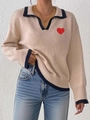 Beige knit sweater with contrast navy lapel collar and red heart patch detail - S / Tops / Khaki