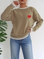Khaki crewneck knit sweater with heart embroidery and striped ribbed trims for women - S / Khaki