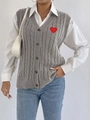 Women's grey cable knit vest with red heart patch and V-neck button down design - Gray