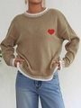 Detailed close-up of heart embroidery on khaki knit sweater with striped ribbed neckline - S / Tops / Khaki