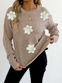 Damen Strickpullover mit 3D-Blumenstickerei und Perlenverzierung in Hellbraun - S / Aprikose