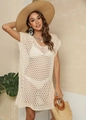 Copricostume da spiaggia all'uncinetto beige da donna con design a maglia senza maniche estivo - Taglia unica / Albicocca