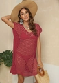 Detail of red hollow-out crochet beach cover-up showing knitted texture and split design - One Size / Wine Red