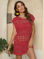 Detail of red crochet beach cover-up featuring intricate hollow out geometric knit patterns - Wine Red