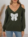 Pull en maille torsadée vert armée avec nœud en dentelle et épaules dénudées col en V - S / Vert Armée (Nœud Blanc)