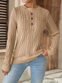 Beige cable knit sweater with strawberry patches and round neck for women - S / Khaki
