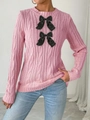 Pink cable knit sweater with round neck and black ribbon bows for women - S / Pink