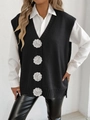 Gilet in maglia con scollo a V da donna con fiori 3D bianchi e spacco laterale - Taglia unica / Nero (Fiori Bianchi All'uncinetto)