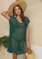 Deep green crochet knit beach cover-up with V-neckline and side slits for women - One Size / Dark Green