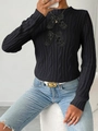 Women's black cable knit sweater with elegant bow details and classic round neckline - S / Black