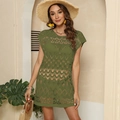 Detail shot of army green hollow-out knit beach cover-up with geometric patterns - One Size / Tops / Army Green
