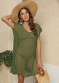 Detail of army green crochet beach cover-up with hollow knit pattern and side slit - One Size / Army Green