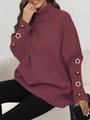 Oversize burgundy turtleneck sweater featuring decorative floral crochet patches on sleeves - One Size / Wine Red