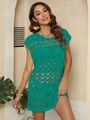 Detail of green knit beach cover-up featuring geometric hollow out patterns and texture - Lake Green