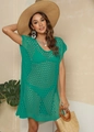 Detailed knit pattern of a green crochet beach cover-up with open mesh and side slit - One Size / Lake Green
