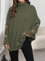 Detail view of dark green turtleneck sweater featuring thick knit and 3D floral crochet sleeves - One Size / Army Green