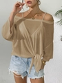 Detail of off-shoulder beige cover-up featuring side tie-knot and translucent fabric - One Size / Tops / Khaki