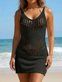Sexy black V-neck crochet hollow out mini dress for beach cover-up and summer vacation - S / Top And Bottom / Black