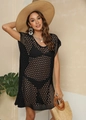 Detail of black crochet beach cover-up with hollow knit pattern and side slit - One Size / Black